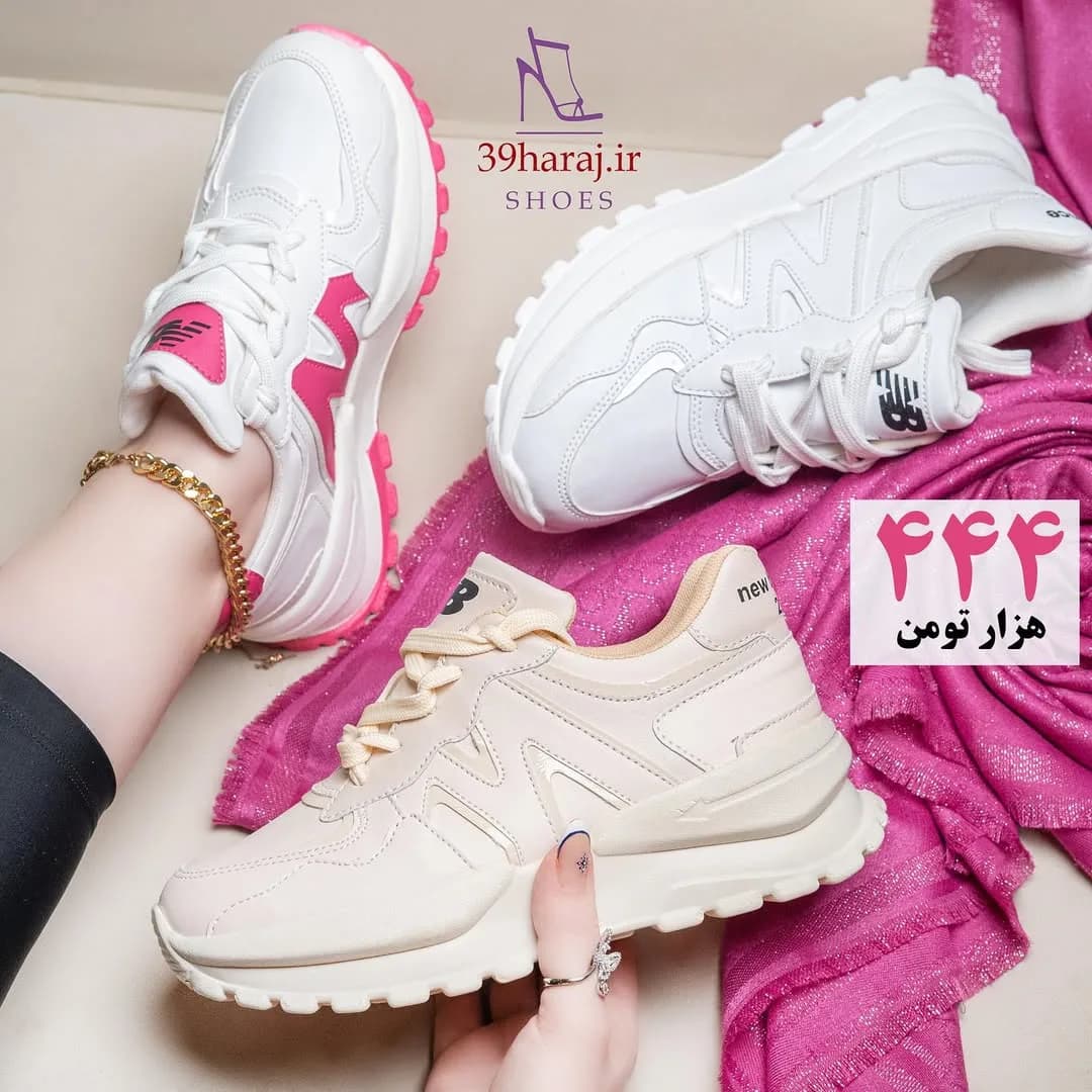 کتانی نیوبالانس، رنگ سفید، صورتی و کرم، جنس چرم مصنوعی، کتانی لژدار بندی