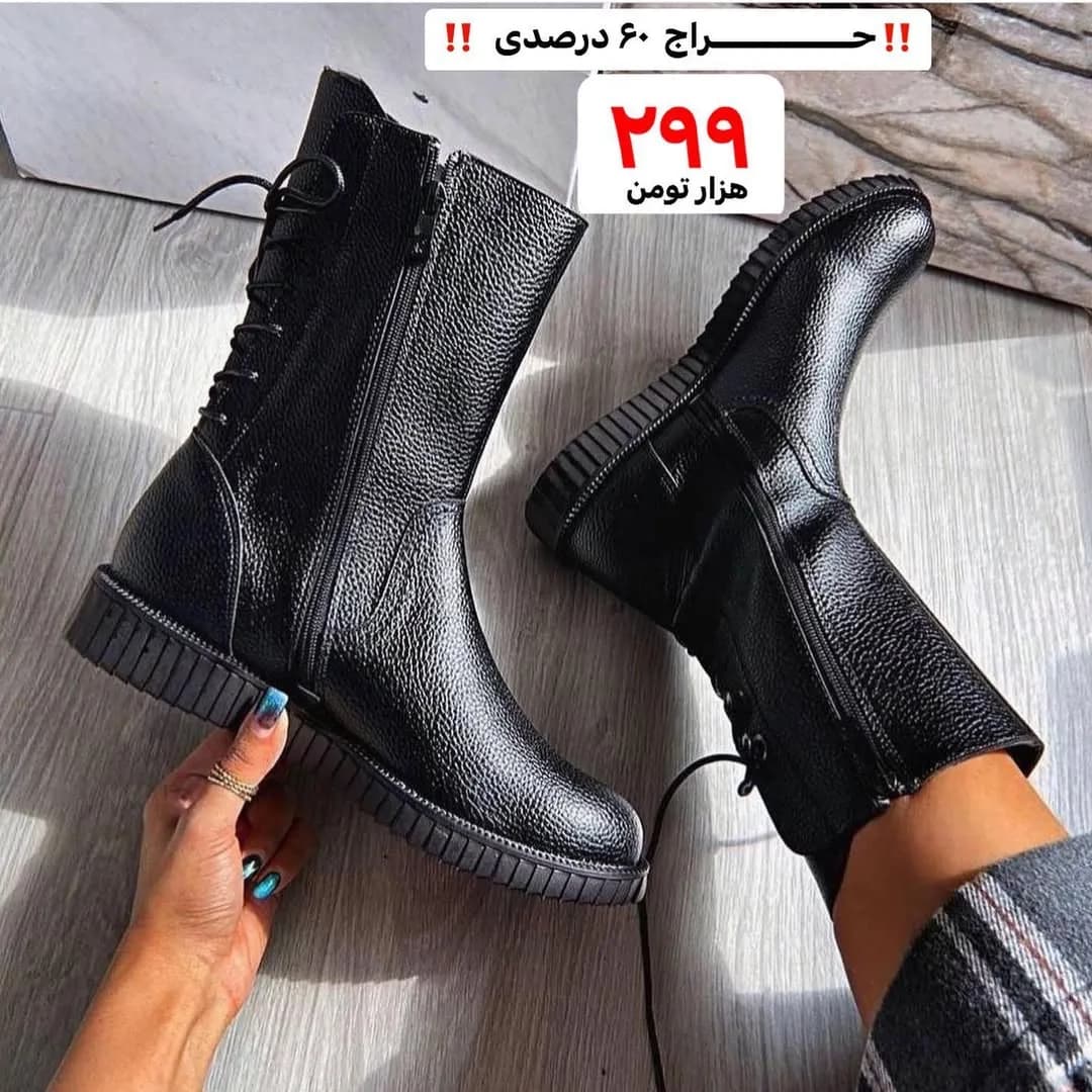 بوت زنانه زیره پیو، رنگ مشکی، جنس چرم، بنددار، پاشنه کوتاه