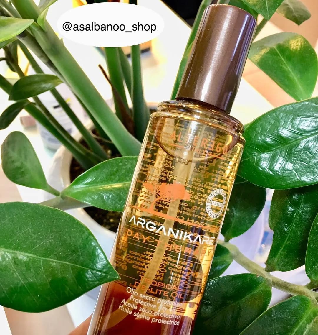 روغن مو آرگانیکر ضد پیری آلترگو، رنگ طلایی و قهوهای، جنس شیشه و پلاستیک، استوانهای پمپی