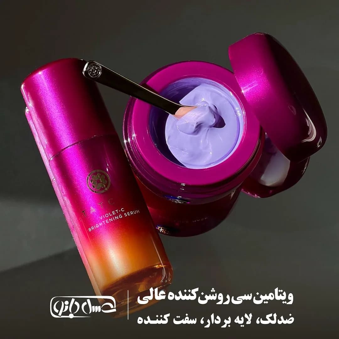سرم ویتامین سی تاچا، رنگ سرخابی و نارنجی، جنس شیشه و پلاستیک، بطری و کاسه