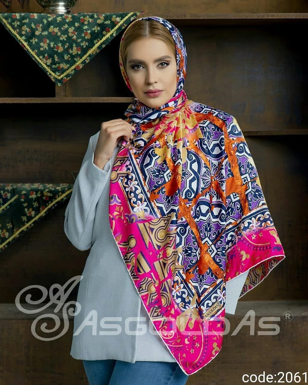 روسری زنانه، رنگ صورتی، بنفش و نارنجی، مربع، بزرگ