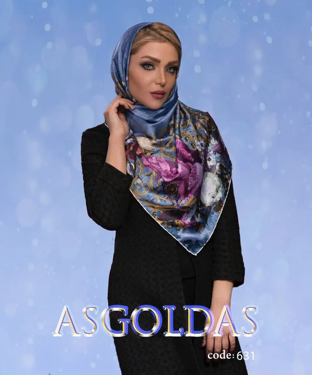 روسری سایز ۱۱۰، رنگ آبی، بنفش و طلایی، بزرگ قواره، ریشریش