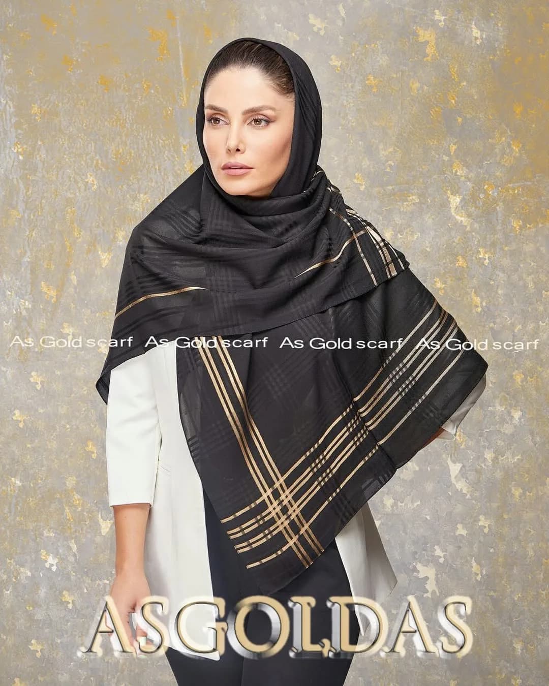 روسری حریر چهارخونه مشکی طلایی سایز ۱۲۰ آسگلداس