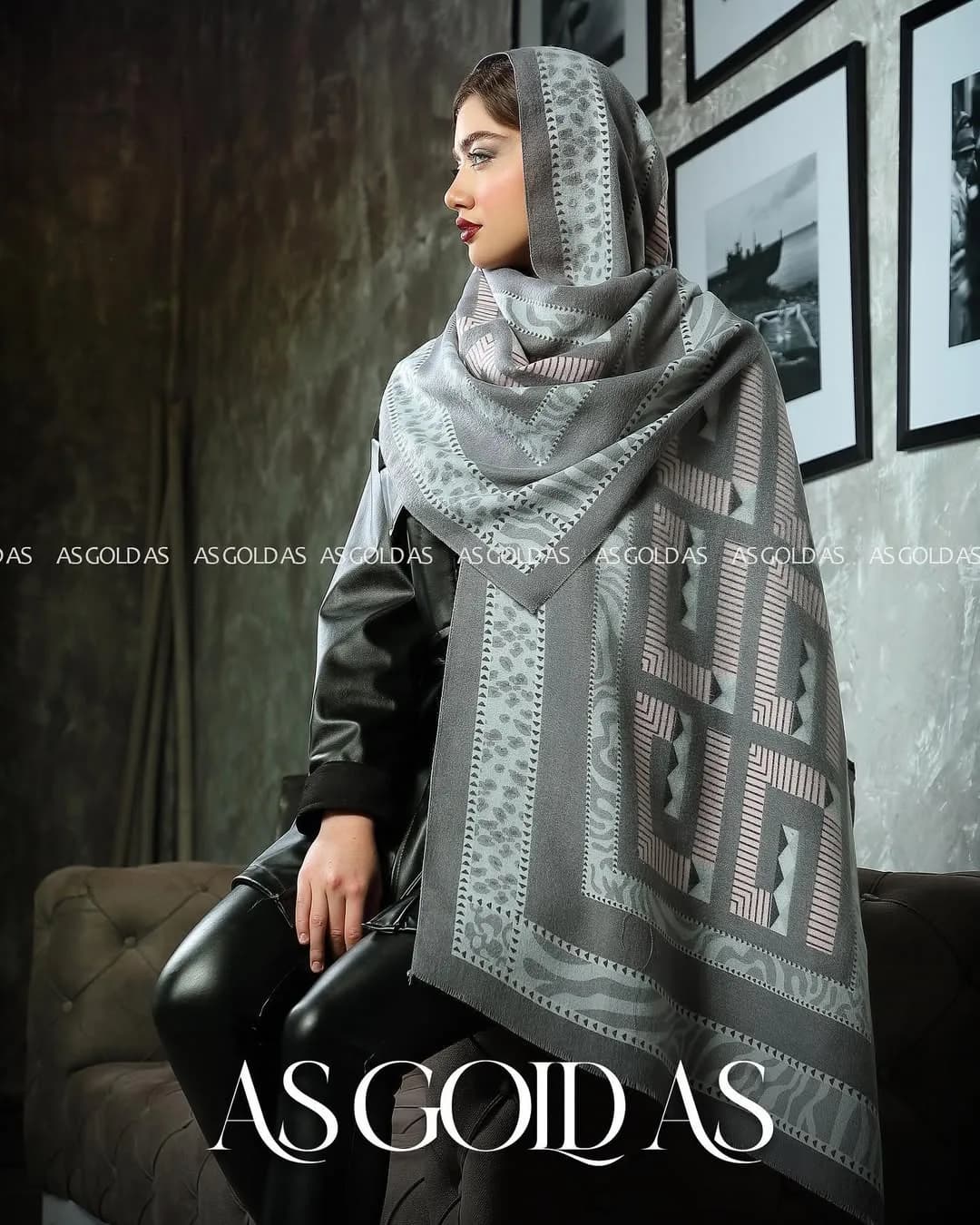شال زنانه کد ۱۰۰۳۱، رنگ خاکستری و سفید، طرح هندسی و پلنگی، مستطیلی
