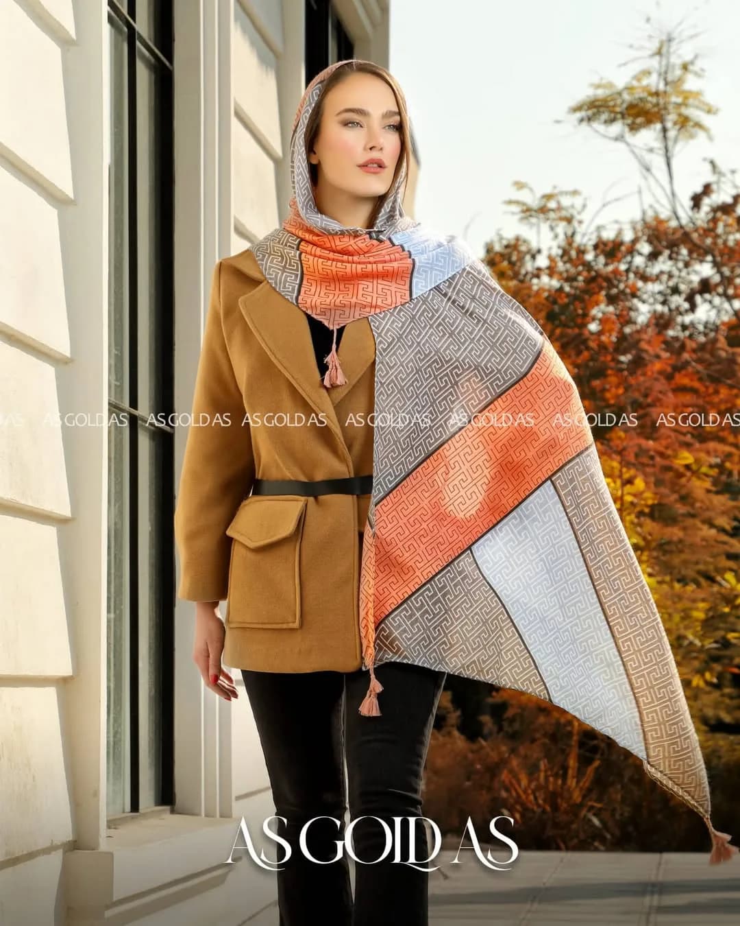 شال کد ۱۰۰۴۶، رنگ نارنجی، خاکستری و کرم، طرح هندسی، مستطیلی، بزرگ