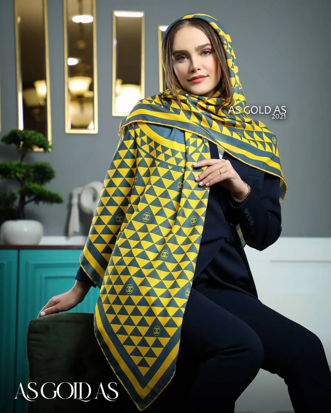 شال سایز ۱۴۰ کد ۳۰۱۶، رنگ زرد و خاکستری، طرح هندسی، مستطیلی، بزرگ