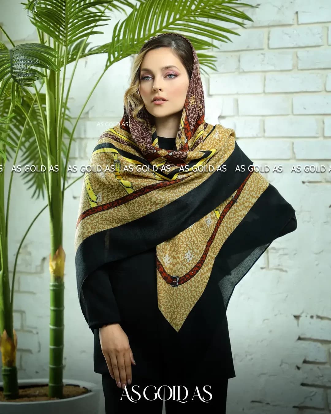 شال سایز ۱۴۰ آسگلداس، رنگ قهوهای، مشکی و زرد، طرح پلنگی، مستطیلی