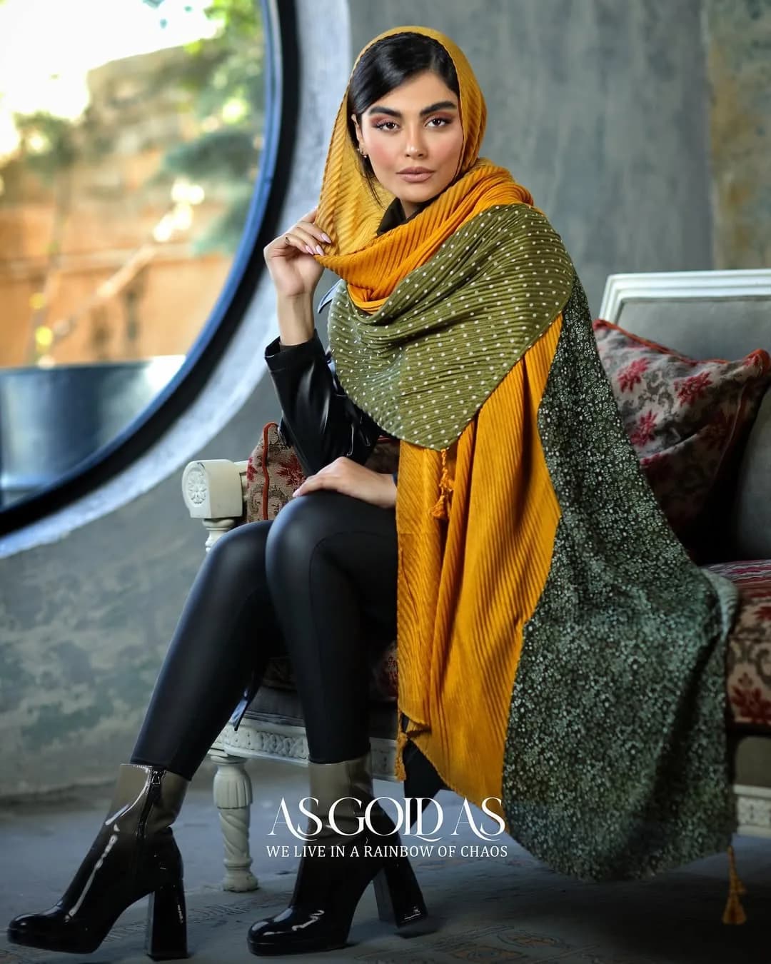 شال زنانه، رنگ زرد و سبز، طرح خالدار، مستطیلی، بلند