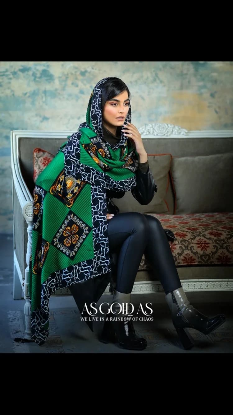 شال زنانه آسگلداس، رنگ سبز، سرمهای و نارنجی، طرح هندسی، مستطیلی، بلند