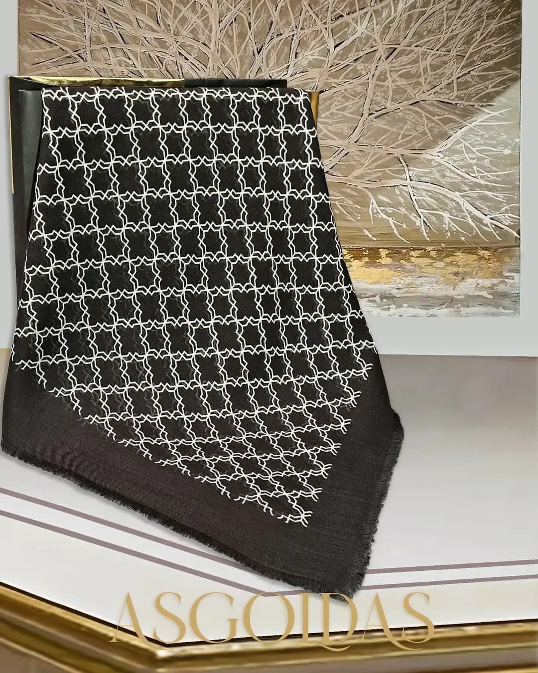 شال روسری سایز ۱۰۰، رنگ سیاه و سفید، طرح هندسی، مربع
