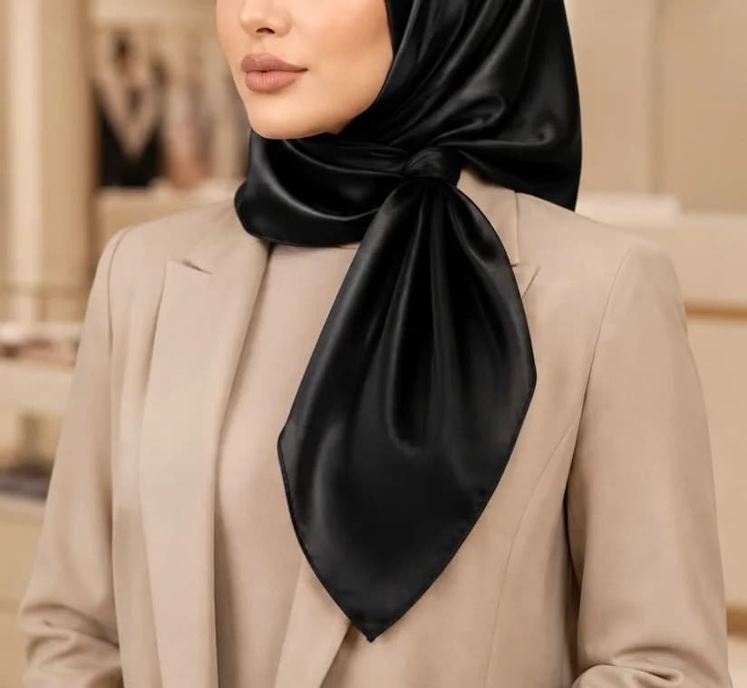 روسری ابریشم ژانژان شاین مجلسی، رنگ سیاه، جنس ساتن، مربع، گرهخورده