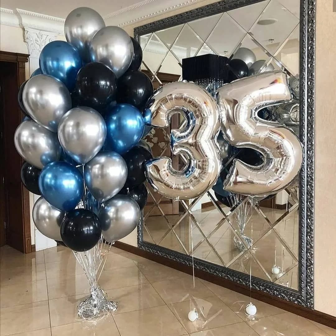 بادکنکآرایی تولد، رنگ نقرهای، آبی و مشکی، جنس پلاستیک، استوانهای، گرد
