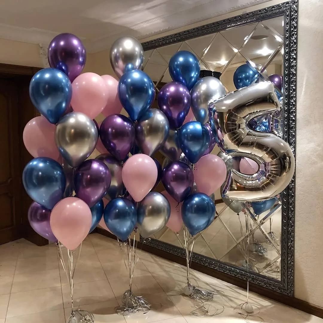 بادکنکآرایی تولد، رنگ بنفش، آبی، صورتی و نقرهای، جنس پلاستیک، عددی و گرد