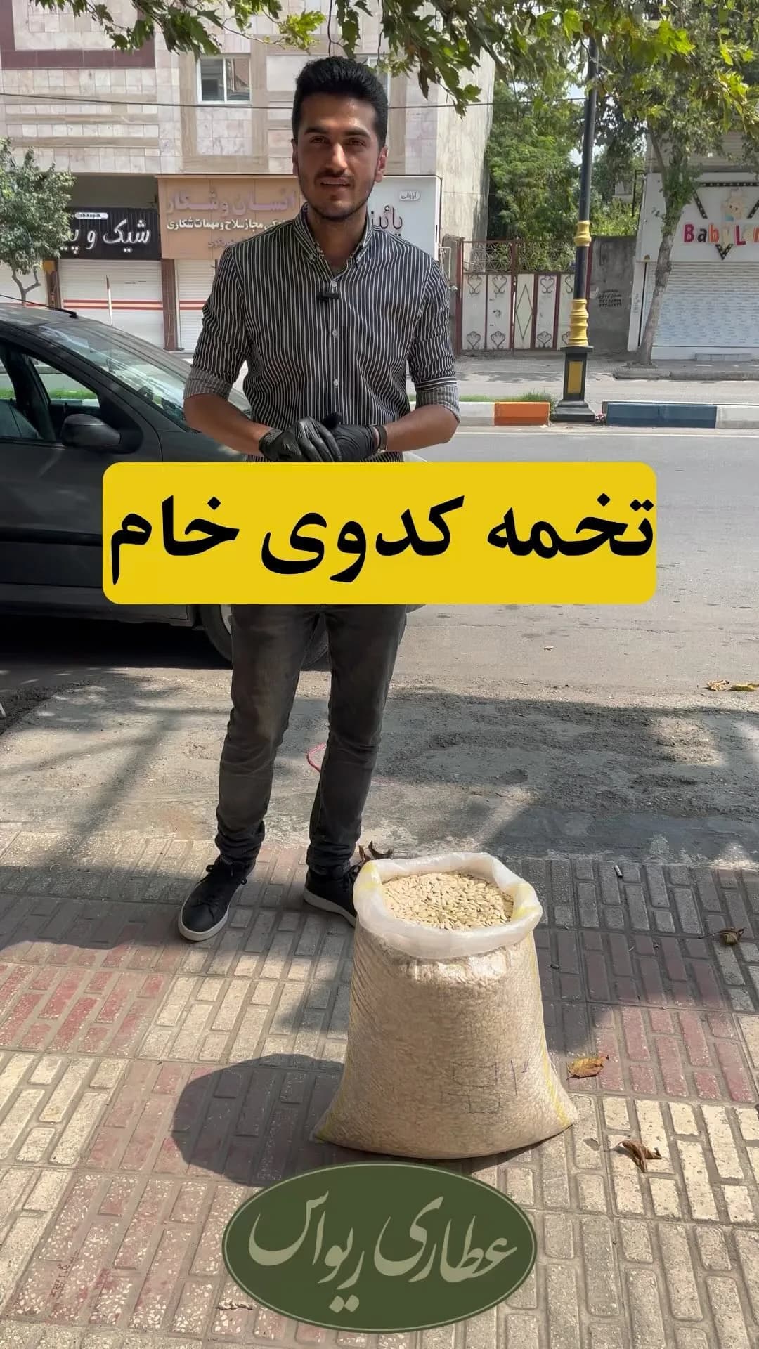 تخمه کدوی خام رقم خوی، رنگ کرم و سفید، در گونی
