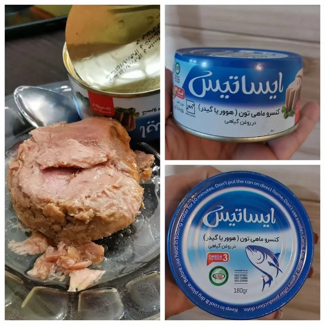 تن ماهی سوپر لوکس ۱۸۰ گرمی ایساتیس، رنگ آبی، نقرهای و صورتی، جنس فلز، قوطی استوانهای فلزی
