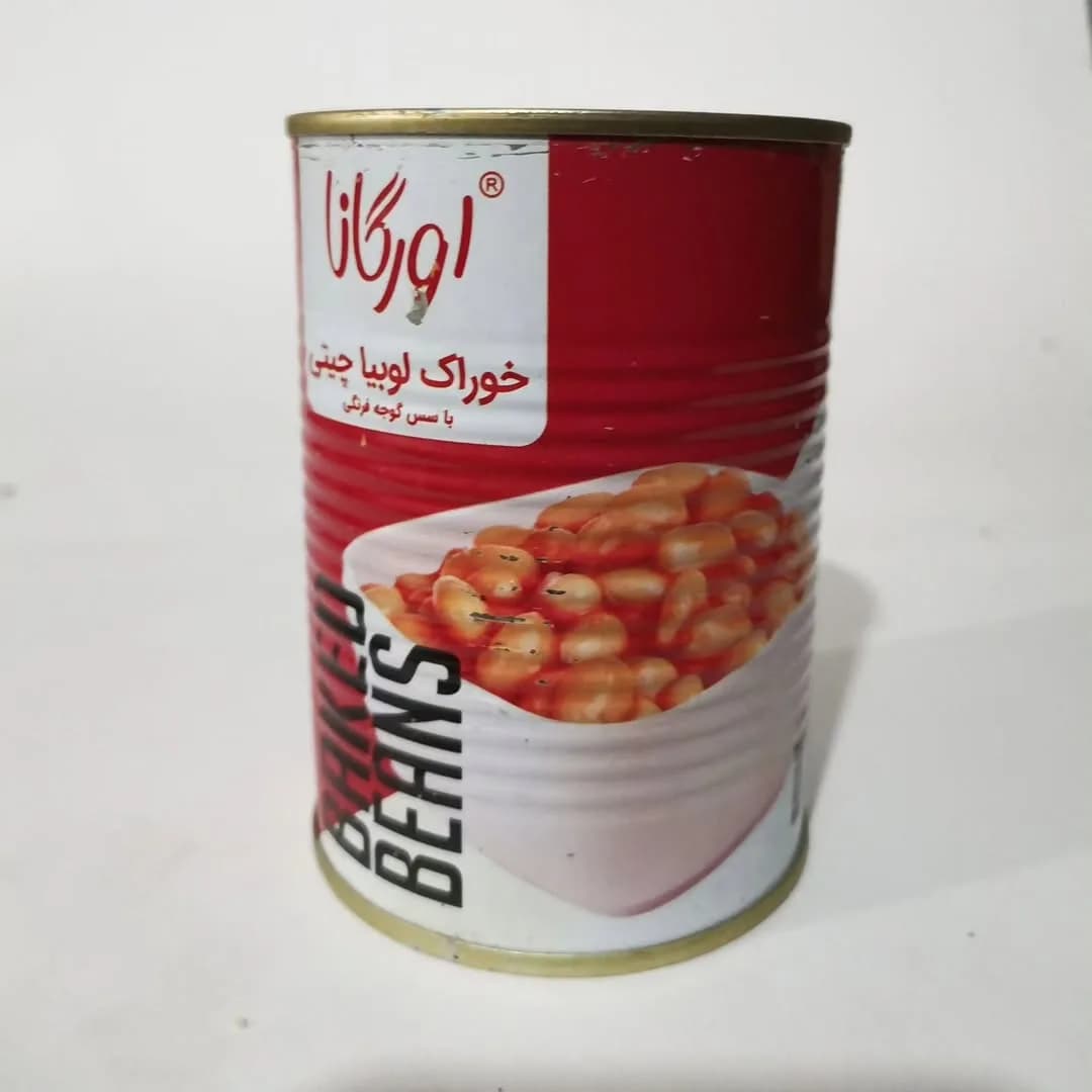 کنسرو لوبیا اورگانا ۱۲ عددی، رنگ قرمز و سفید، جنس فلز، قوطی استوانهای