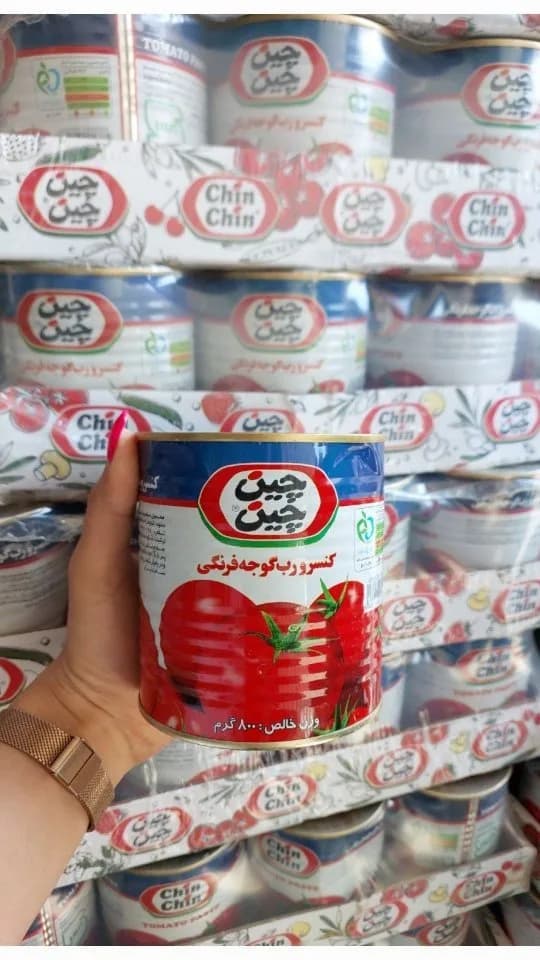 رب قوطی ۸۰۰ گرم چین چین، رنگ قرمز، سفید و آبی، جنس فلز، قوطی استوانهای