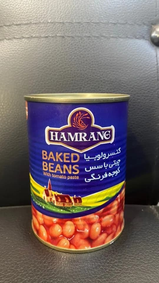 کنسرو لوبیا چیتی همرنگ، رنگ آبی، قرمز و زرد، جنس فلز، طرح تصویرسازی، قوطی استوانهای