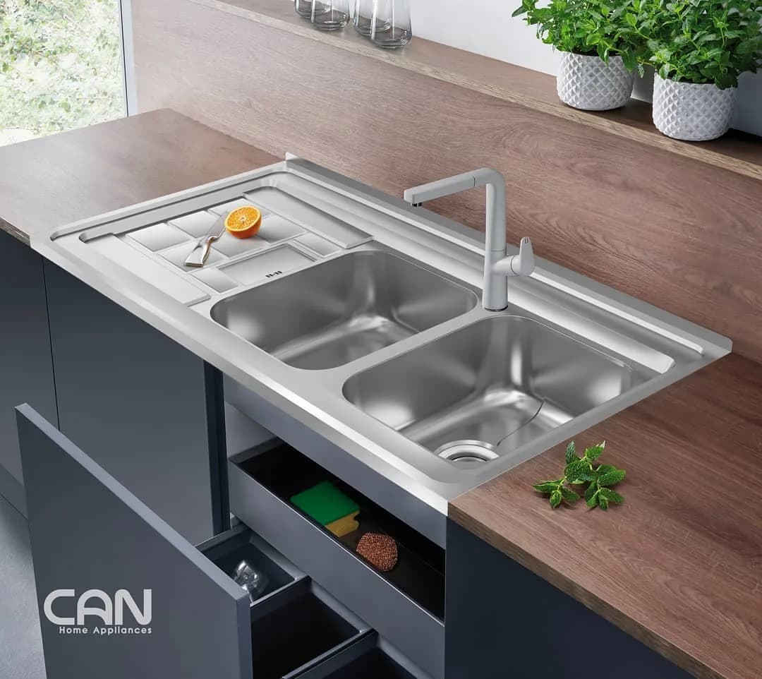 سینک ظرفشویی، رنگ نقرهای و استیل، جنس استیل، سینک توکار دو لگنه