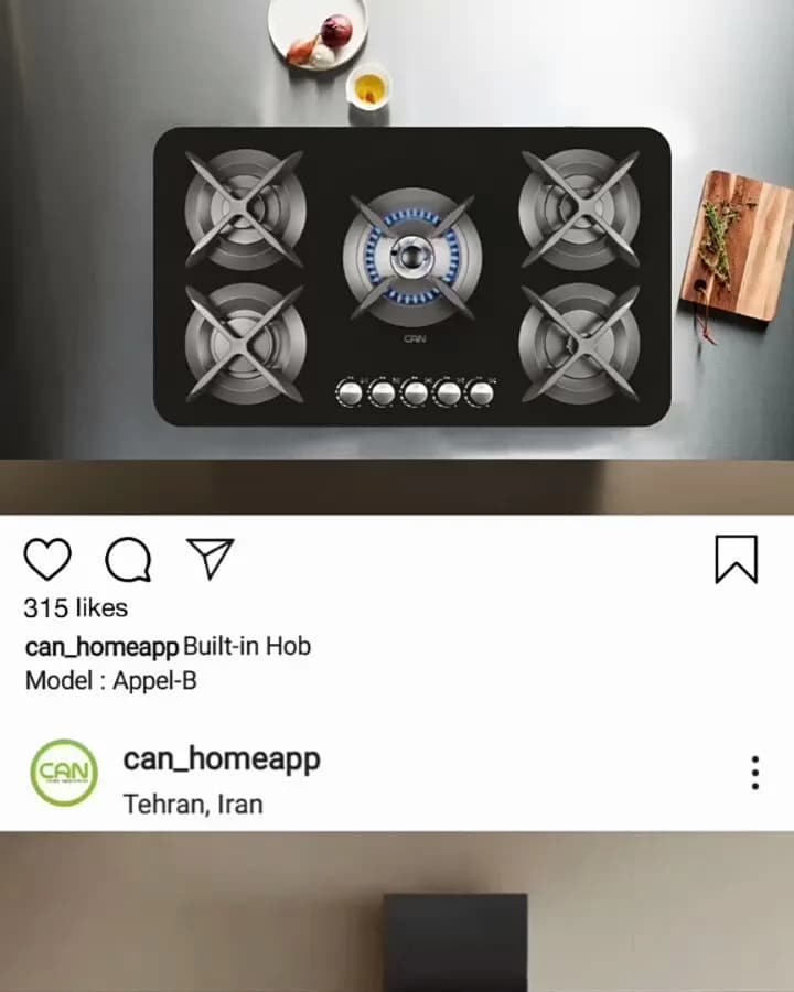 گاز صفحهای توکار مدل Appel-B، رنگ مشکی و نقرهای، جنس شیشه و استیل، توکار ۵ شعله