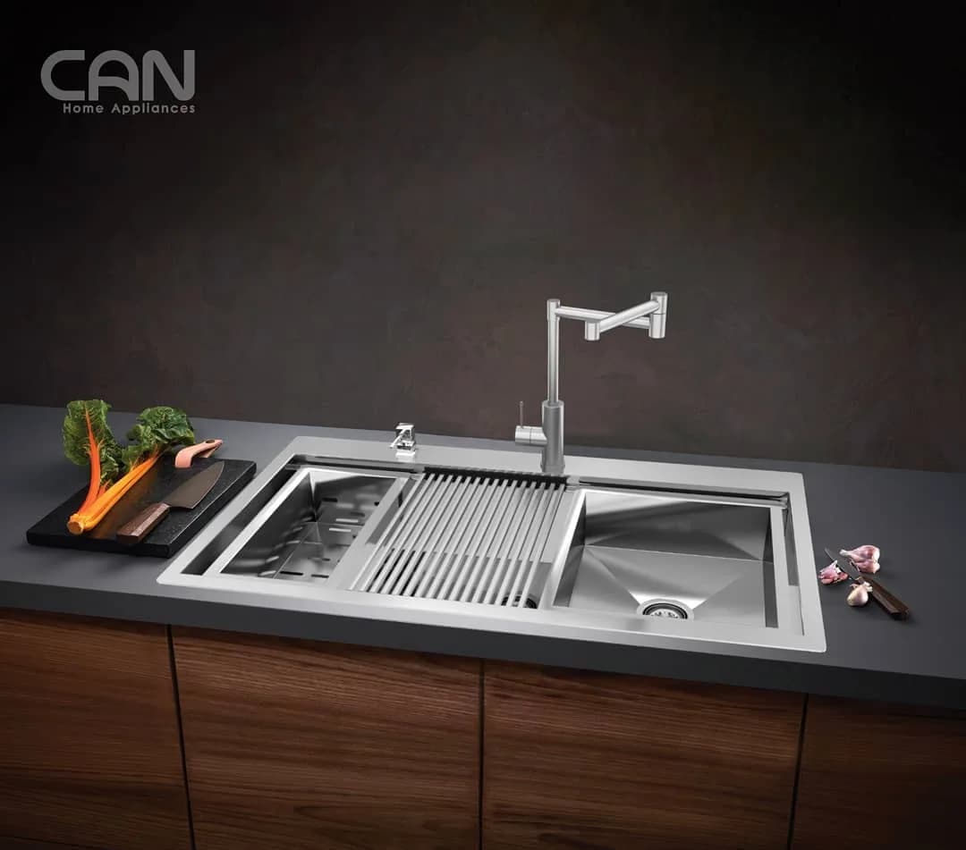 سینک ظرفشویی مدل CN-90، رنگ نقرهای و استیل، جنس استیل، سینک توکار دو لگنه