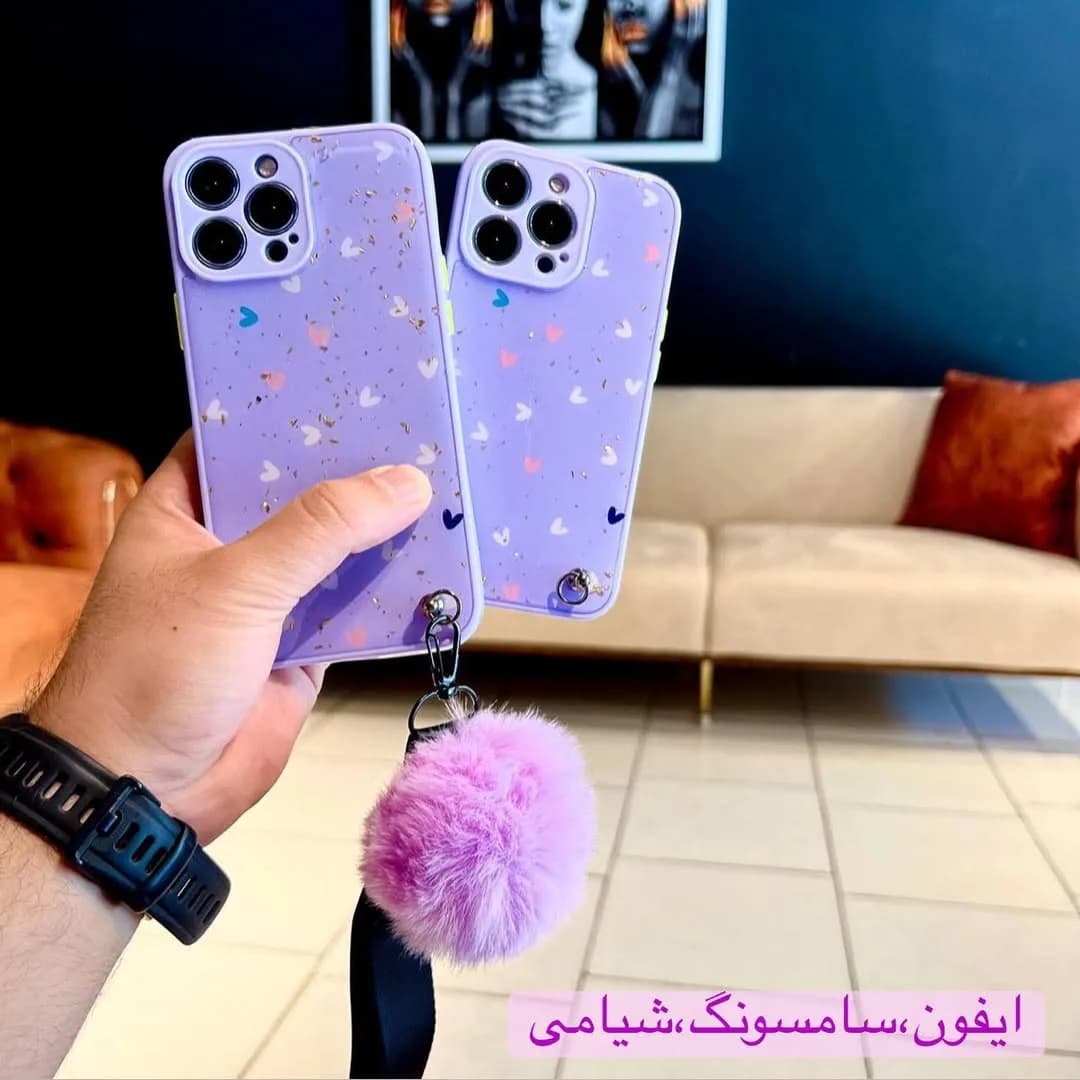 قاب رزین با آویز پام پام، رنگ بنفش، جنس پلاستیک، شفاف با اکلیل