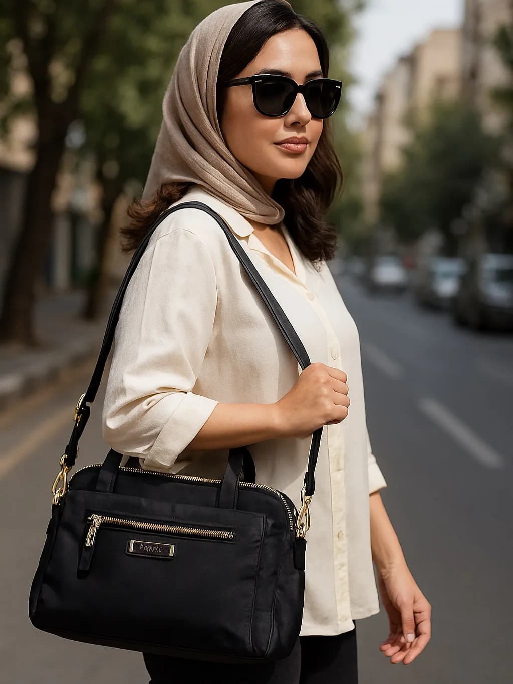 کیف دوشی زنانه استایل ۷۲۵۳ اپول، رنگ مشکی، جنس چرم، کیف دوشی مستطیلی زیپدار