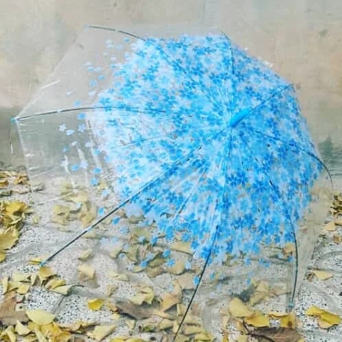 چتر زنانه طرح شکوفه هشت فنر، رنگ آبی و سفید، جنس پلاستیک، طرح گلدار، چتر دستی اتوماتیک
