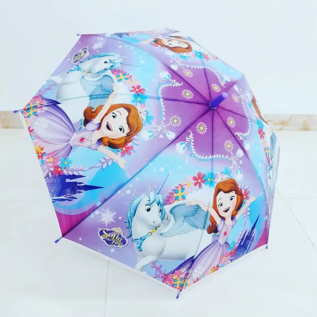 چتر دخترانه هشت فنر تاپ، رنگ بنفش، آبی و صورتی، جنس پلاستیک، طرح شخصیت کارتونی، چتر دستی کودکانه