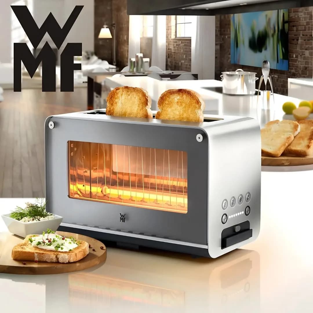 توستر دبلیو ام اف Lono Glass Toaster WMF، رنگ نقرهای، خاکستری و مشکی، جنس استیل، پلاستیک و شیشه، رومیزی با پنجره شفاف
