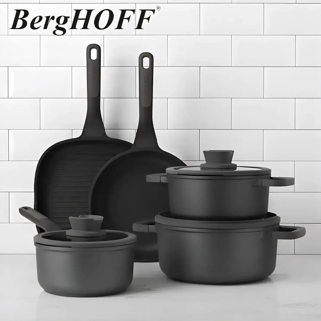 سرویس قابلمه و تابه برگhoff BergHOFF، رنگ مشکی، جنس آلومینیوم و شیشه، دستهدار نچسب