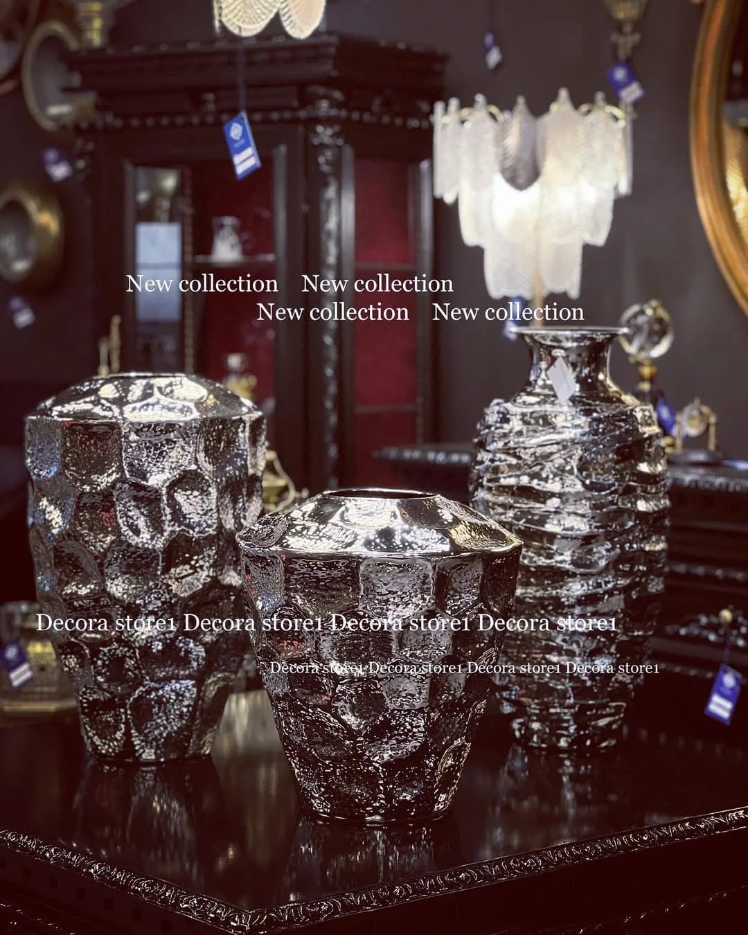 گلدان دکوری، رنگ نقرهای و خاکستری، جنس سرامیک و شیشه، رومیزی استوانهای بافتدار، بزرگ