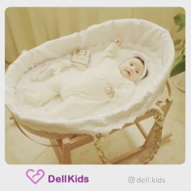 گهواره چوب راش گرجستان دل کیدز، رنگ سفید، کرم و چوبی، جنس پارچه و پلاستیک، گهواره پایهدار حصیری با نوزاد