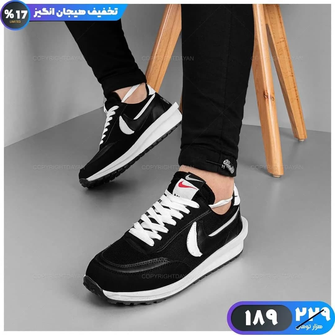کفش اسپرت، رنگ مشکی و سفید، کتانی، بنددار، کفی سفید