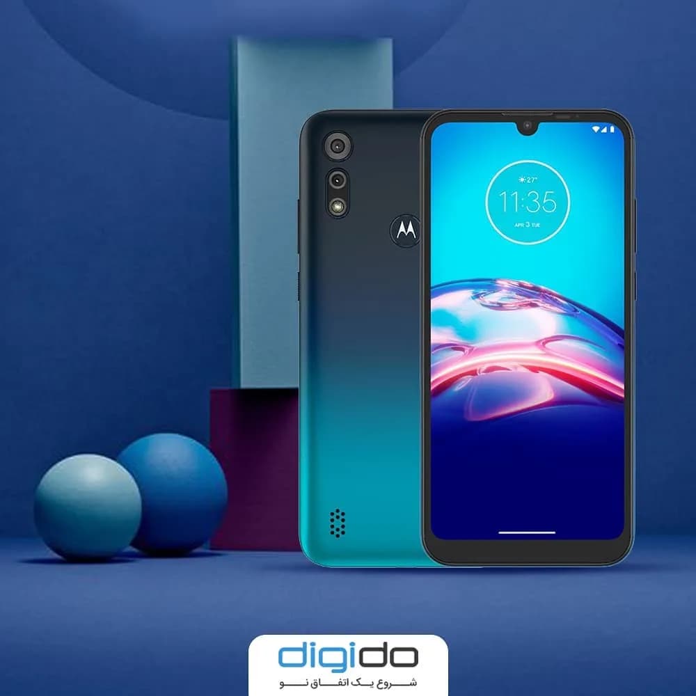 گوشی موتورولا Moto E6s، رنگ آبی و سبز، جنس شیشه و فلز، لمسی، صفحه نمایش بزرگ