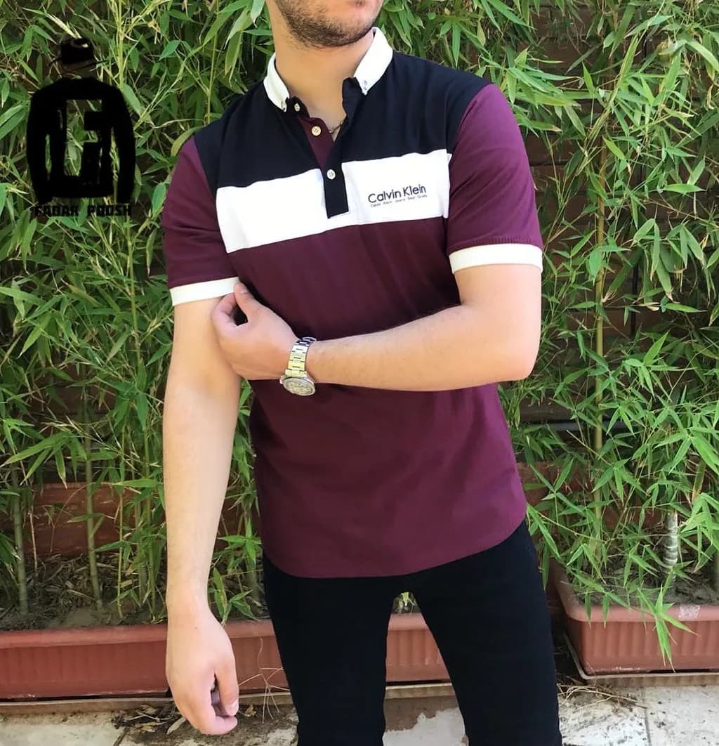 تیشرت پولوشرت، رنگ زرشکی، مشکی و سفید، آستین کوتاه، یقه دار