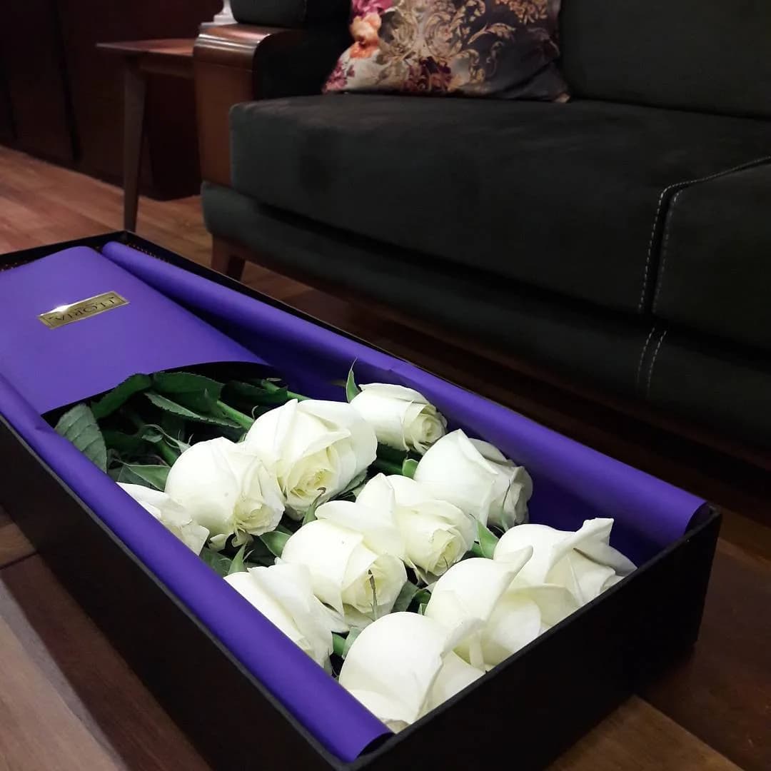 باکس گل، رنگ سفید، بنفش و مشکی، باکس گل استوانهای بلند