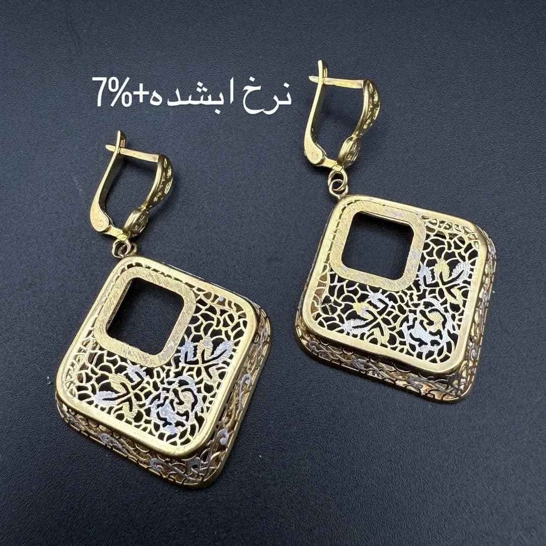 گوشواره طلا فیوژن، رنگ طلایی و نقرهای، آویز مربعی، توخالی