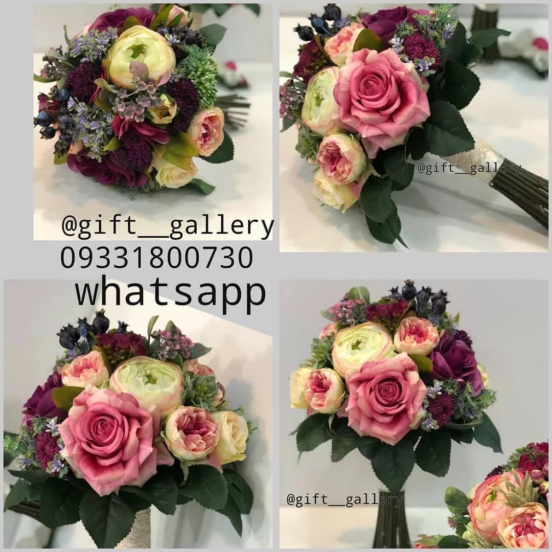 دسته گل عروس قطر ۲۰ سانت، رنگ صورتی، بنفش و سفید، جنس پارچه، دسته گل مصنوعی