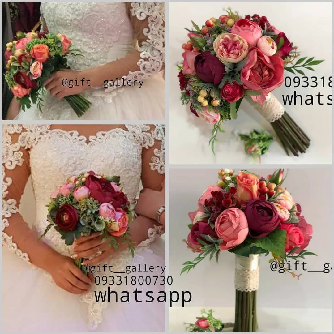 دسته گل عروس، رنگ صورتی، قرمز و سبز، گرد، دستهدار