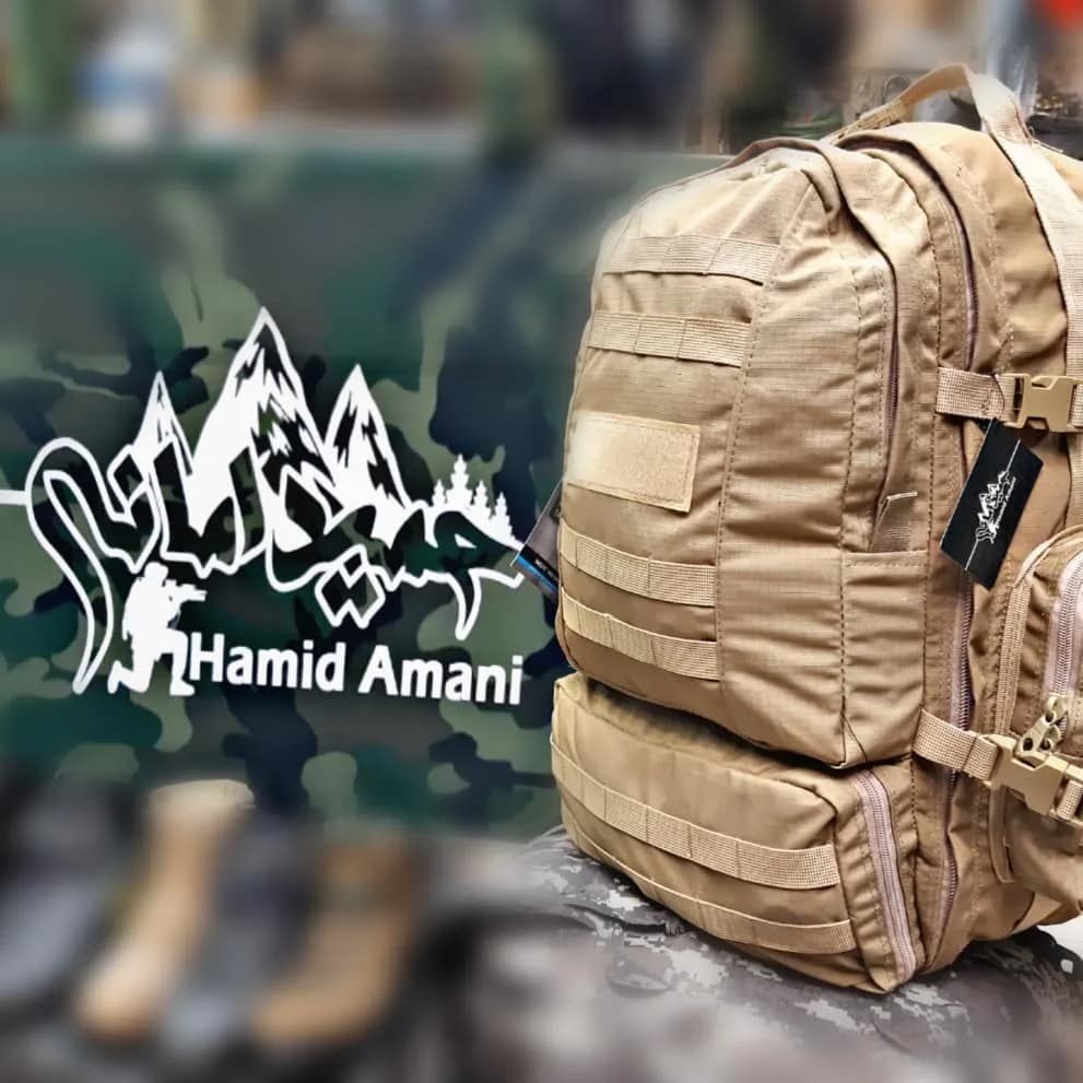 کوله پشتی برزنتی — رنگ خاکی — نمای روبهرو — جیب جانبی