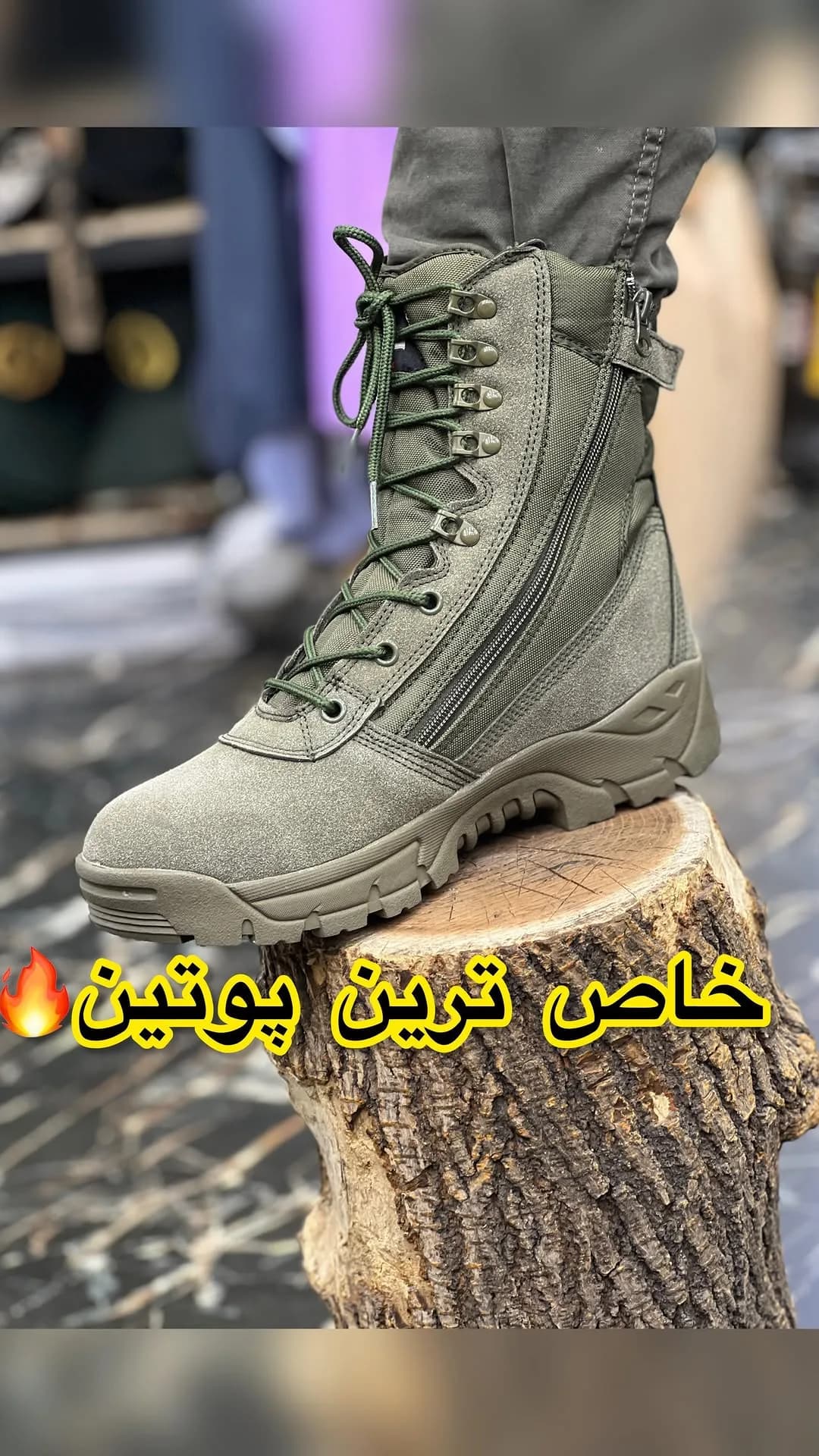 پوتین فرندز زیپ کج سبز، رنگ زیتونی، جنس جیر، ساق بلند، بنددار، زیپدار