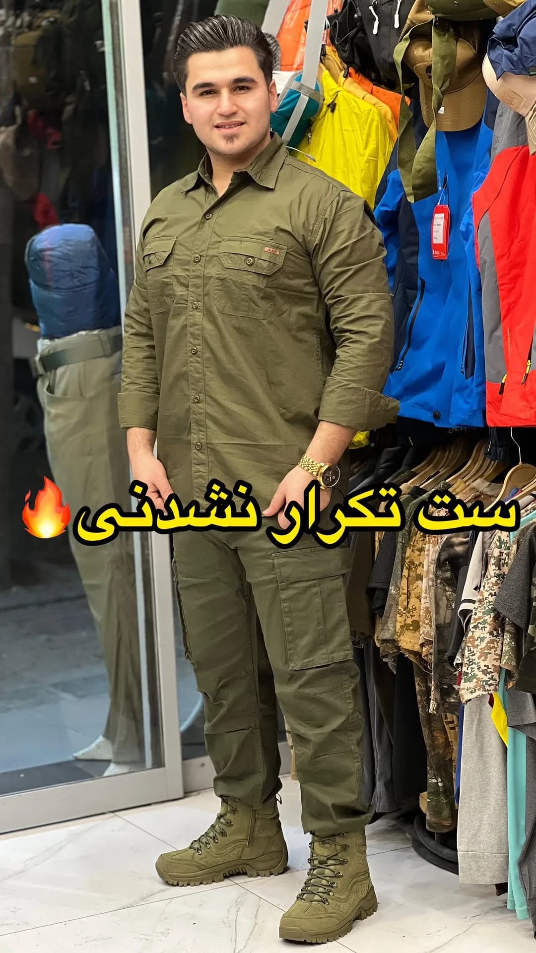 شلوار شش جیب تمام کش، رنگ سبز، جنس کتان، نظامی مردانه