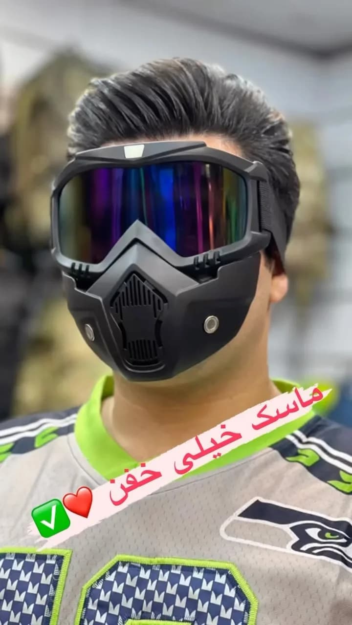ماسک موتورسواری شیشه شفاف، رنگ مشکی و بنفش، جنس پلاستیک، ماسک و عینک تاکتیکال