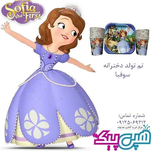 پکیج تم تولد سوفیا، رنگ بنفش و آبی، جنس مقوا و پلاستیک، طرح شخصیت کارتونی، لیوان، بشقاب