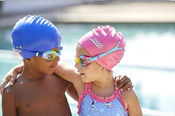 عینک شنا بچگانه Little Bondi زاگز، رنگ آبی، صورتی و زرد، جنس پلاستیک، کلاه و عینک
