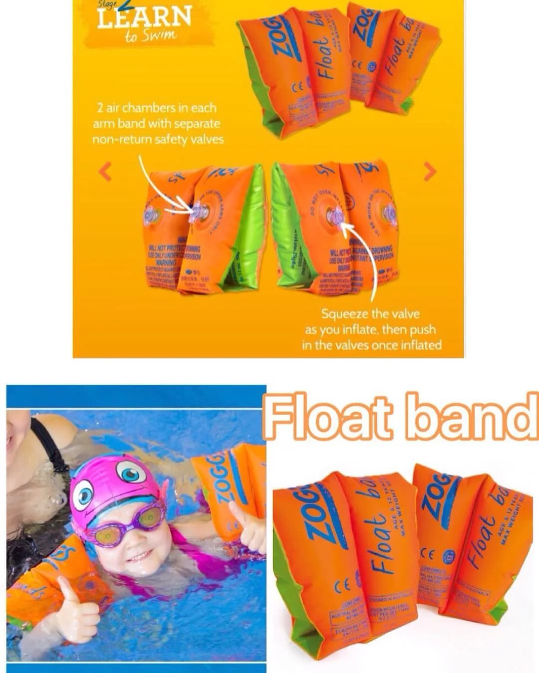 بازوبند شنا کودک Float Band زاگز، رنگ نارنجی و سبز، بادشدنی
