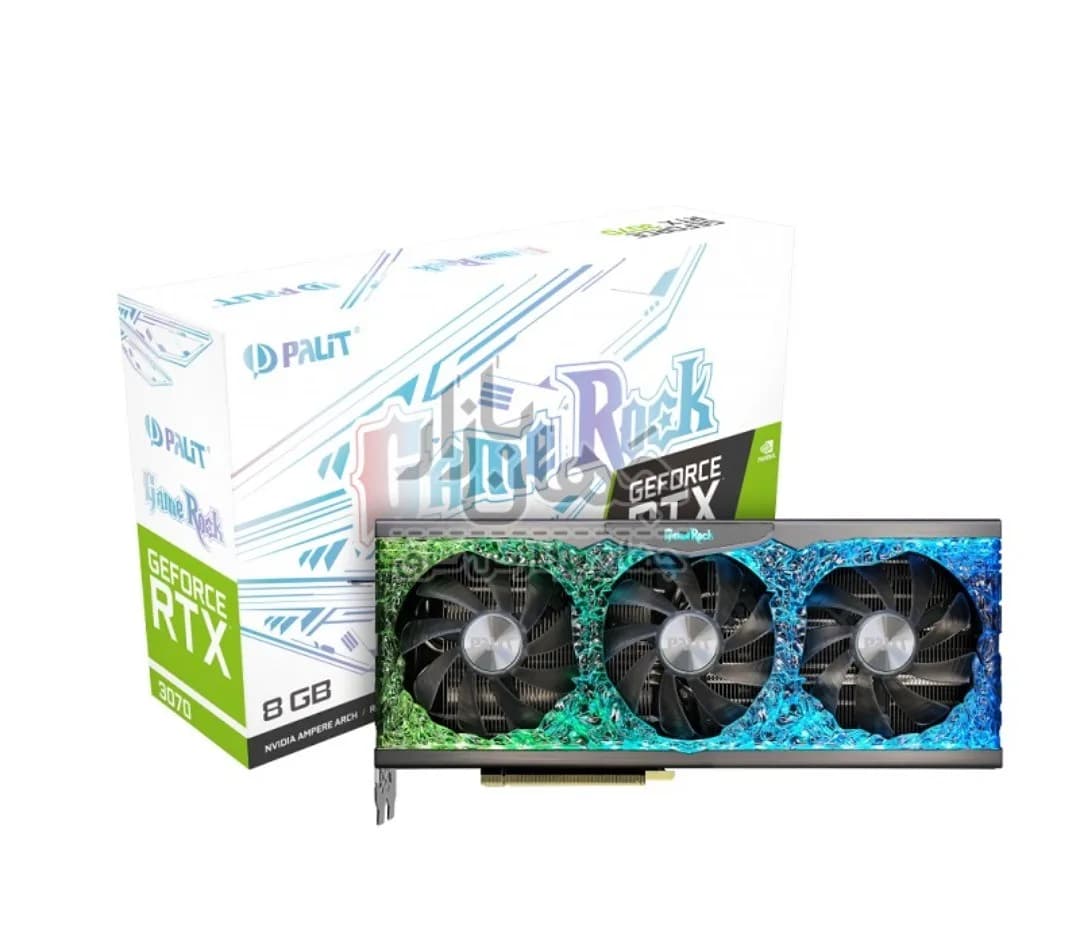 کارت گرافیک RTX 3070 GameRock پلیت، رنگ مشکی، سبز و آبی، جنس فلز و پلاستیک، سه فن