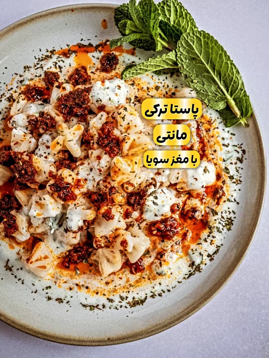 پاستا مانتی ۴۰۰ گرمی، رنگ سفید، قرمز و سبز، بشقاب