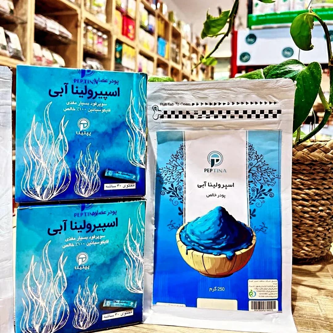 پودر اسپیرولینا آبی ۳۰ ساشه Peptina، رنگ سفید، پودر در قوطی